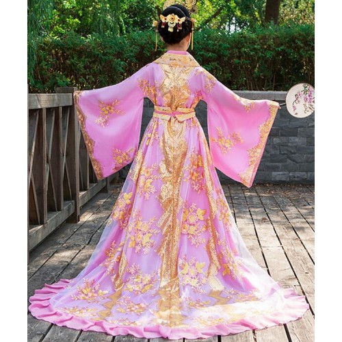 Children's Chinese ancient queen trailing dresses fairy cosplay hanfu Princess palace ancient clothes model stage show performance robes costumes